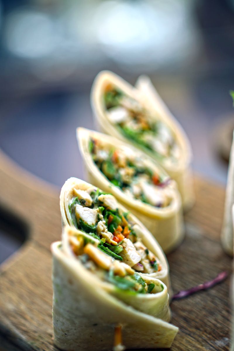 Delicious close-up of fresh vegetable wraps, perfect for healthy eating and food photography.